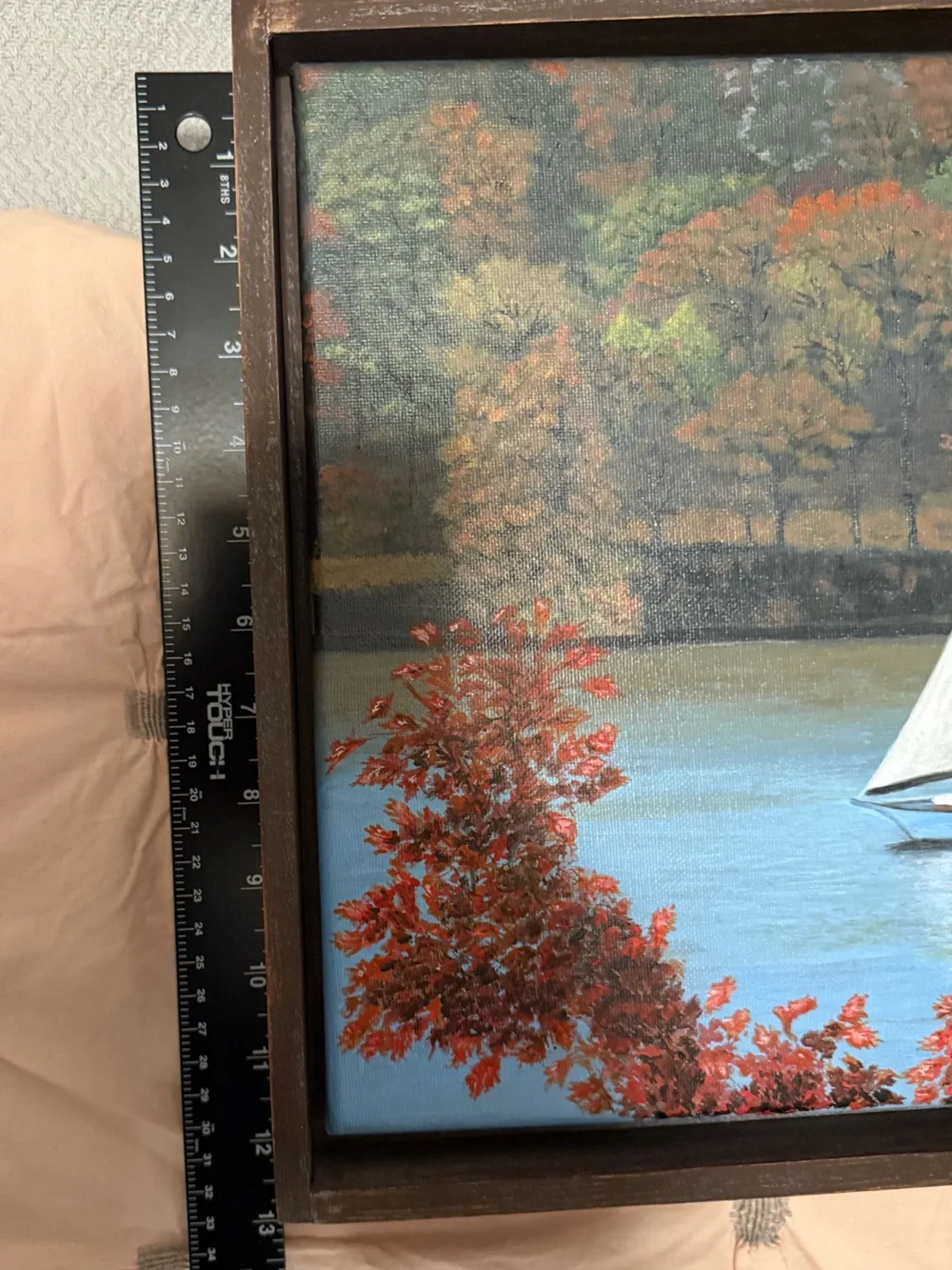 Framed Autumn Lake Sailboat Wall Art - White Sail, Red Foliage